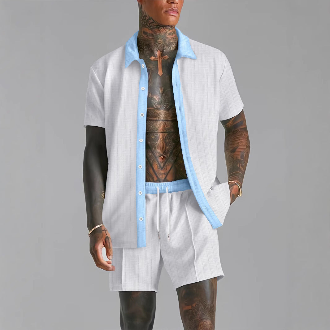 Men's navy cotton blend matching shirt and shorts set with relaxed fit, ideal for travel