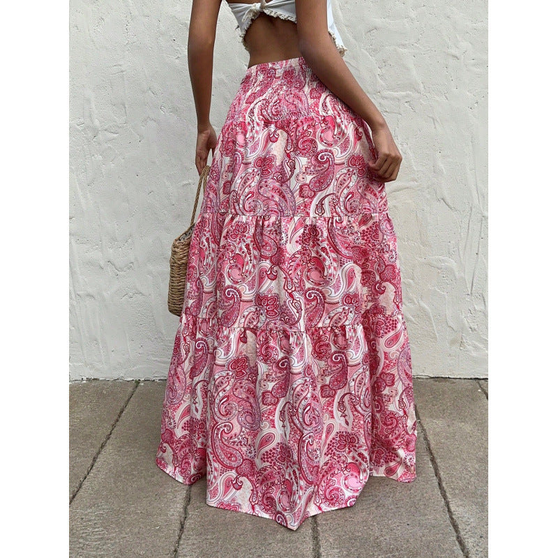 Women's cotton maxi skirt relaxed fit elastic waist paisley print flowing warm-weather style