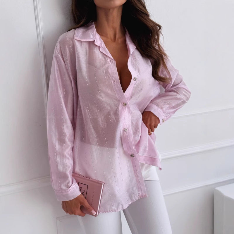 Women's oversized long sleeve viscose shirt with rhinestone embellishments in a relaxed glamorous fit