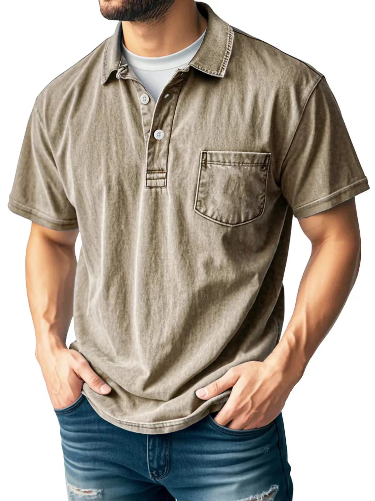 Men's green relaxed fit polo shirt with breathable fabric and chest pocket, casual short sleeve summer top