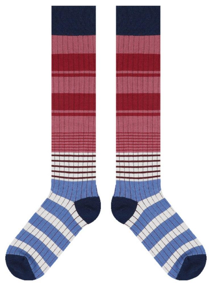 Women's striped knee-high cotton socks in multicolor retro-chic pattern with breathable everyday comfort