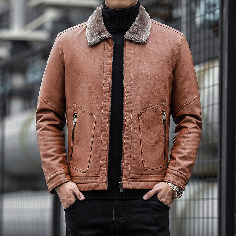 Men's black tailored PU leather jacket with velour collar and zipper pockets, classic urban style