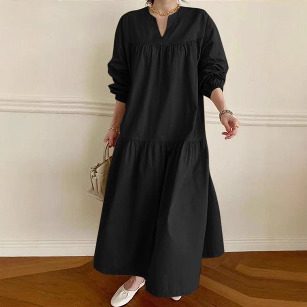 Women's cotton linen maxi dress oversized fit V-neck puff sleeves breathable casual elegant style