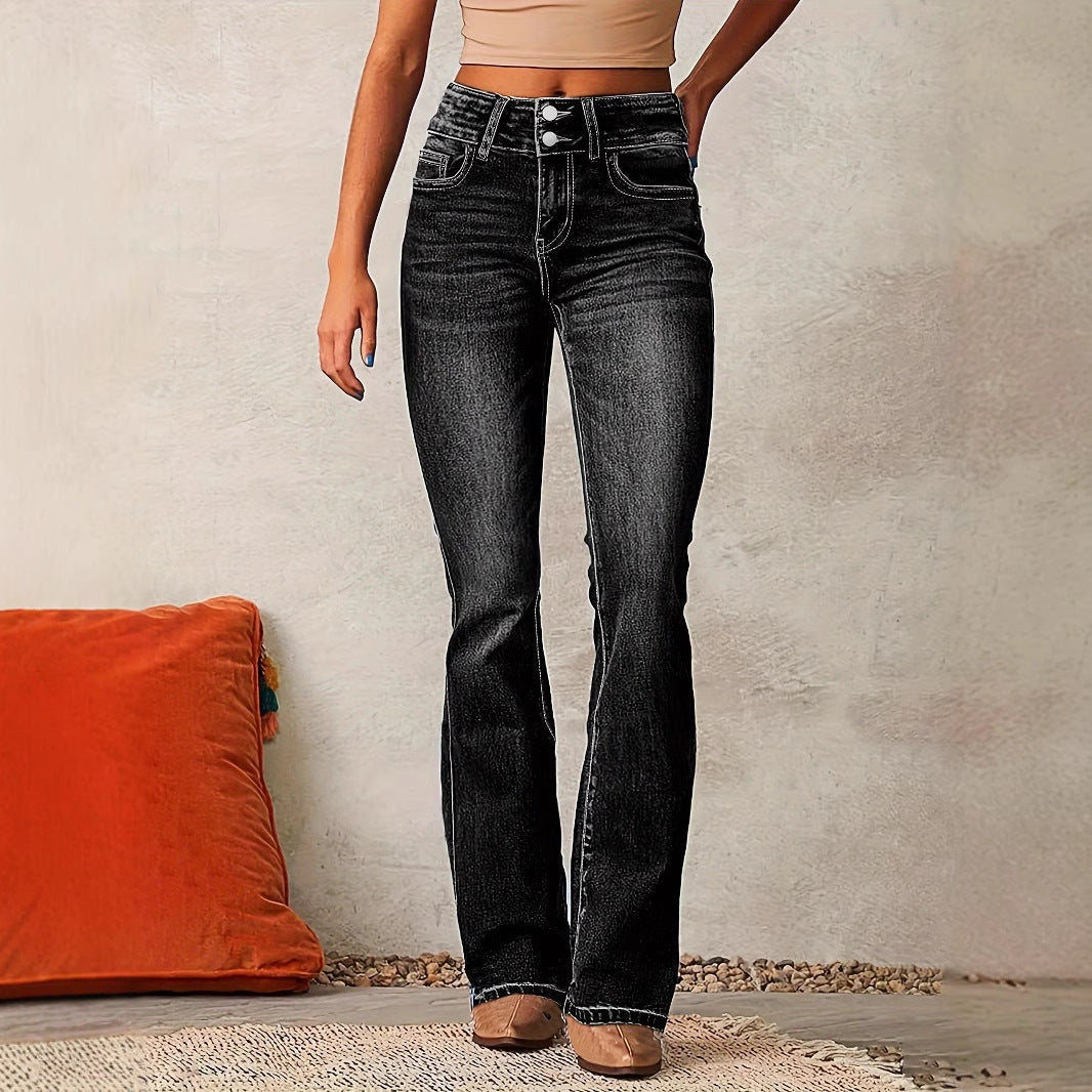 Women's high-waist flared jeans stretch cotton denim retro full-length silhouette leg-lengthening fit