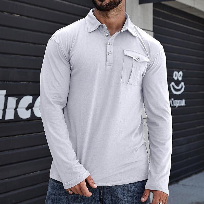 Men's long sleeve Henley polo shirt breathable cotton regular fit with chest pocket classic casual style