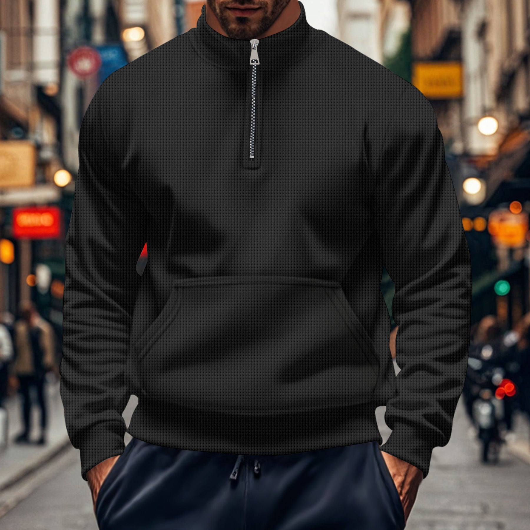 Men's gray cotton knit sweatshirt relaxed fit half-zip kangaroo pocket ribbed edges casual comfort