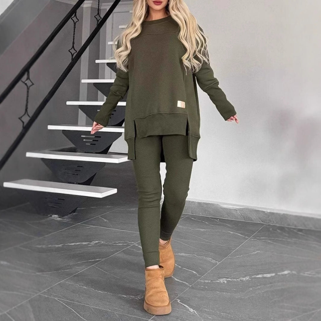 Women's soft knit set oversized slit sweater with fitted leggings, cozy all-day comfort style