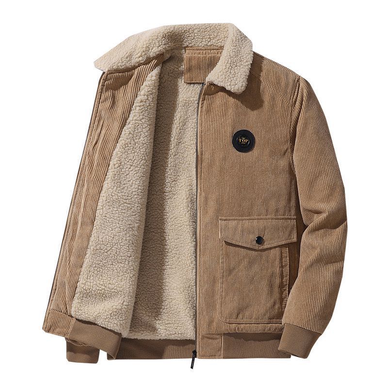 Men's loose-fit corduroy jacket with warm wool lining and button closure in casual style