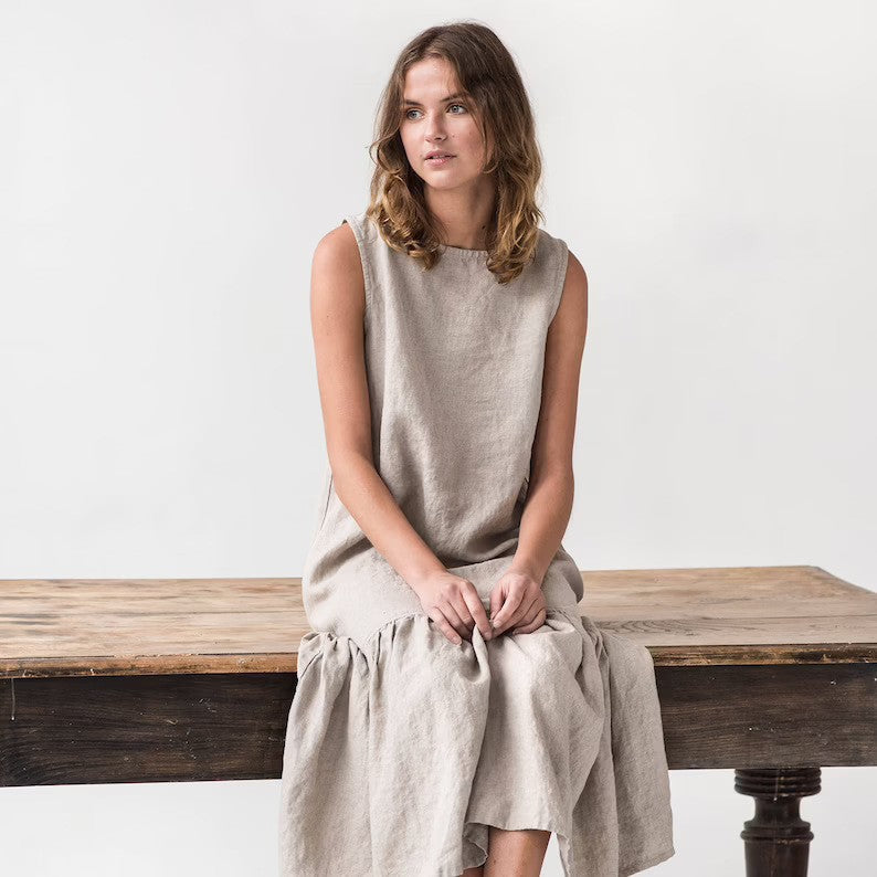 Women's linen midi dress sleeveless loose fit ruffle edge hem breathable casual everyday style