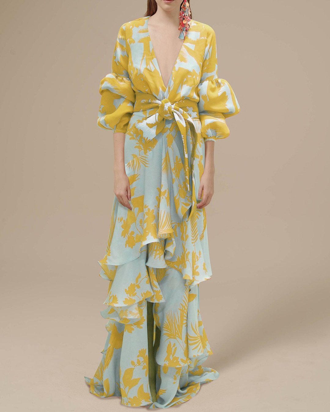 Floral chiffon maxi dress with V-neck, puff sleeves, waist tie, and layered skirt