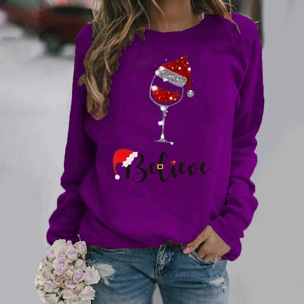 Women's relaxed fit cotton blend crew neck sweatshirt with festive holiday graphic print