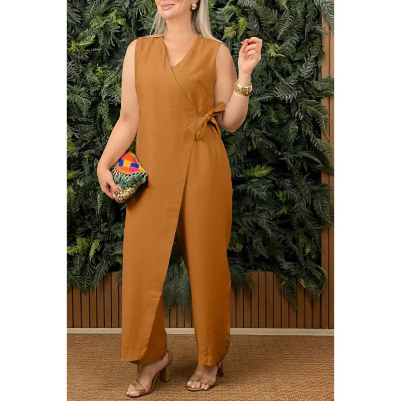 Women's sleeveless V-neck wrap jumpsuit wide-leg cut adjustable waist chic everyday style