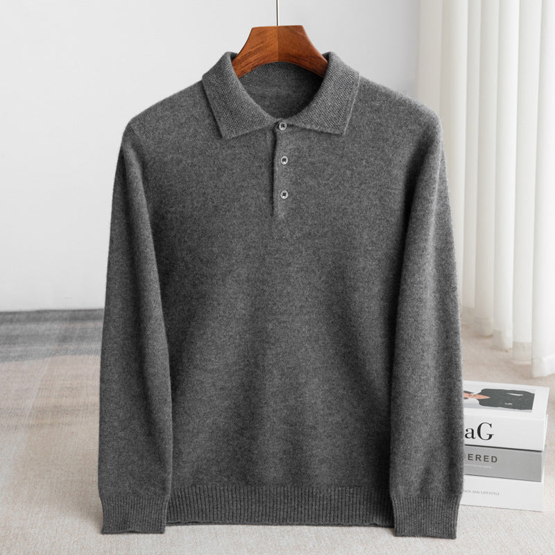 Men's knit polo sweater in classic style with structured collar and three-button placket