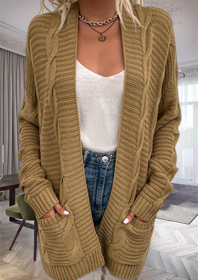 Women's oversized chunky knit open-front cardigan wool blend with pockets, relaxed drapey silhouette