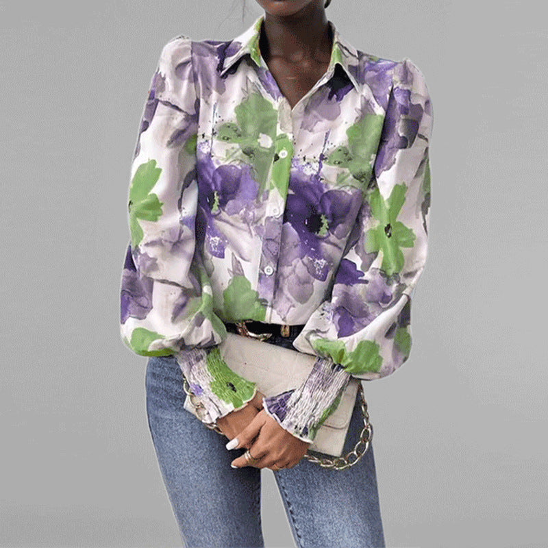 Women's floral print oversized boho shirt with puff sleeves and smocked cuffs lightweight cotton blend
