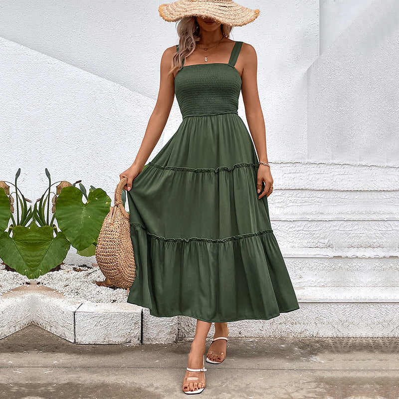 Women's sleeveless A-line midi dress, smocked bodice, breathable cotton blend, effortless casual style