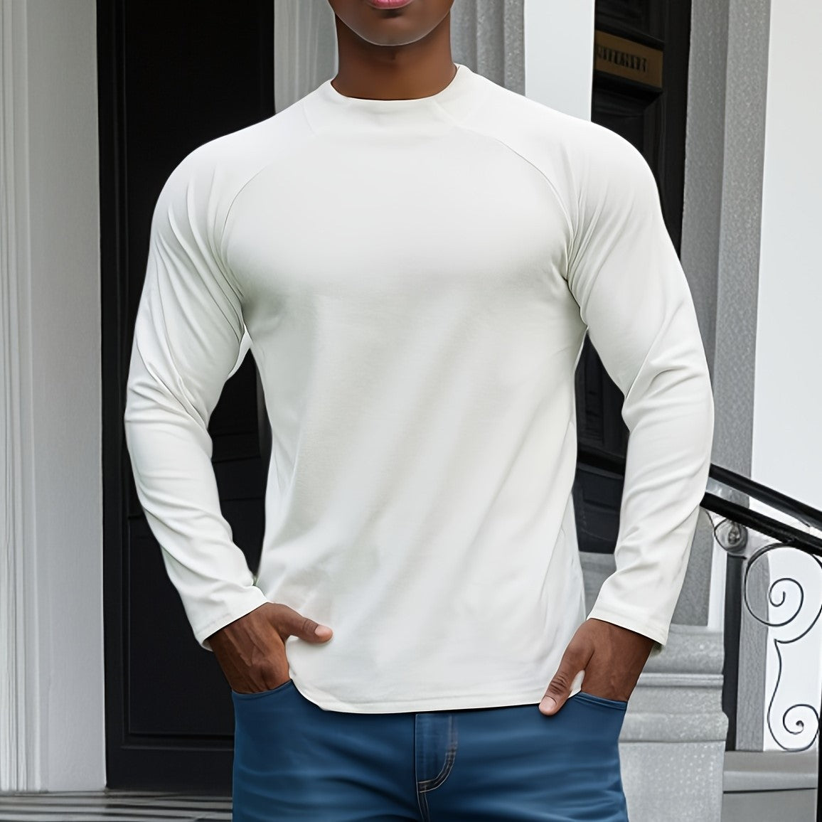 Men's slim fit long sleeve t-shirt soft stretch cotton raglan crew neck modern everyday style