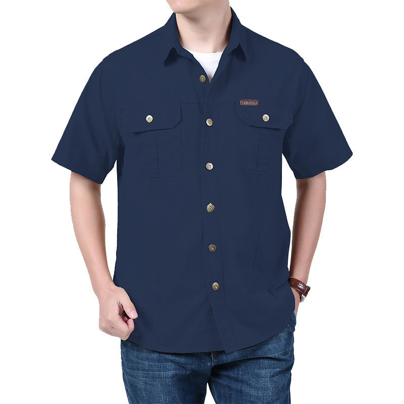 Men's relaxed fit cotton blend short sleeve shirt with dual chest pockets, versatile everyday style