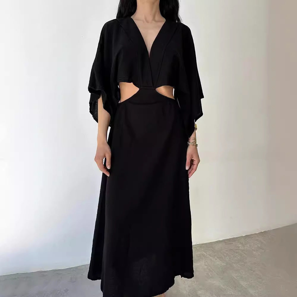 Women's slim fit maxi dress cotton linen blend V-neck cut-out waist beach resort style