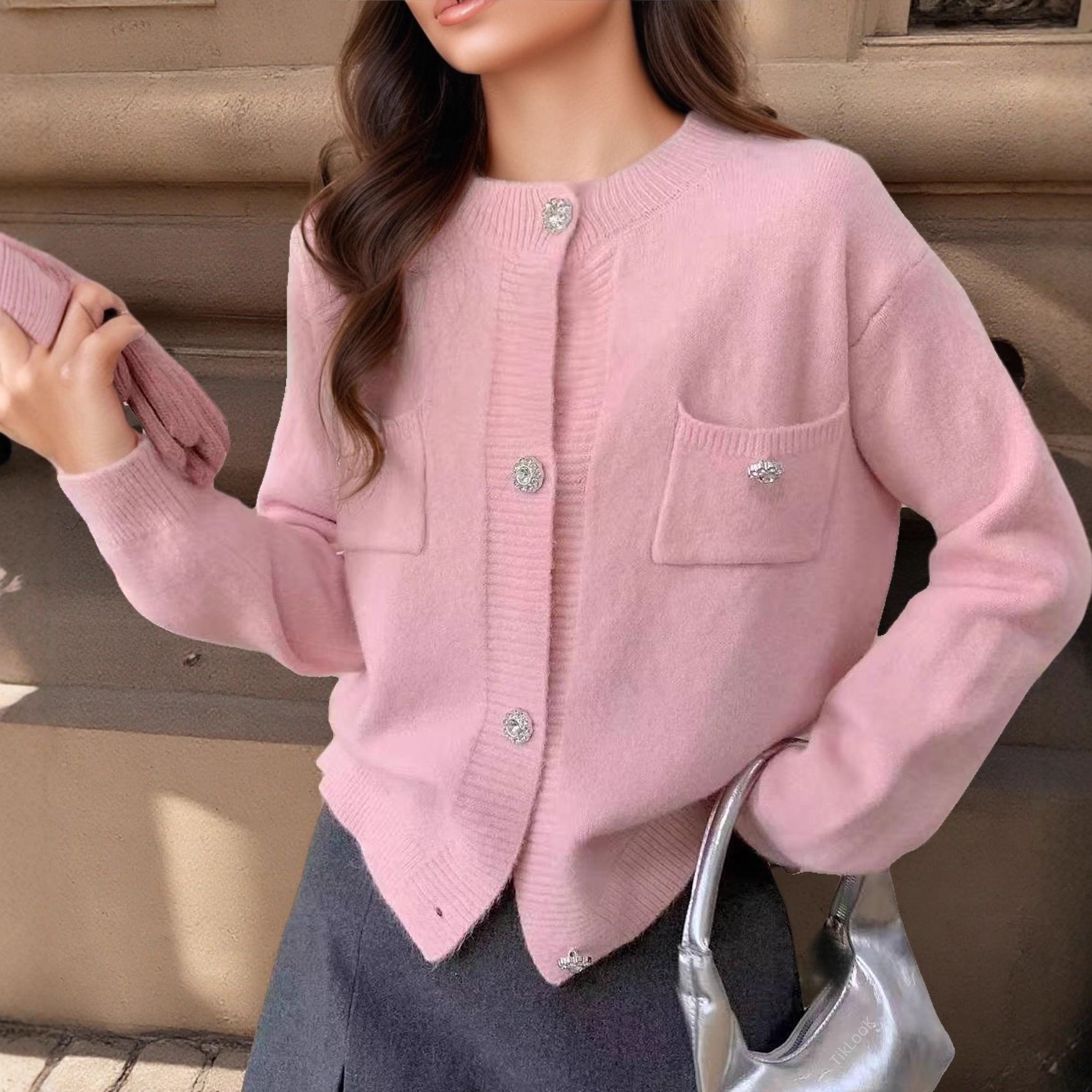 Women's wool blend relaxed fit cardigan with button closure and decorative pockets, everyday layering style