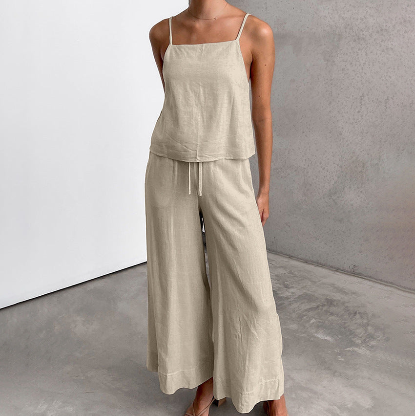 Women's cotton linen sleeveless top wide-leg pants set relaxed fit drawstring waist nordic style