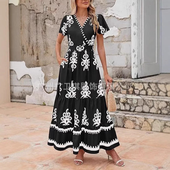 Floral maxi dress women V-neck A-line silhouette cascading double-tiered ruffles lightweight boho beach