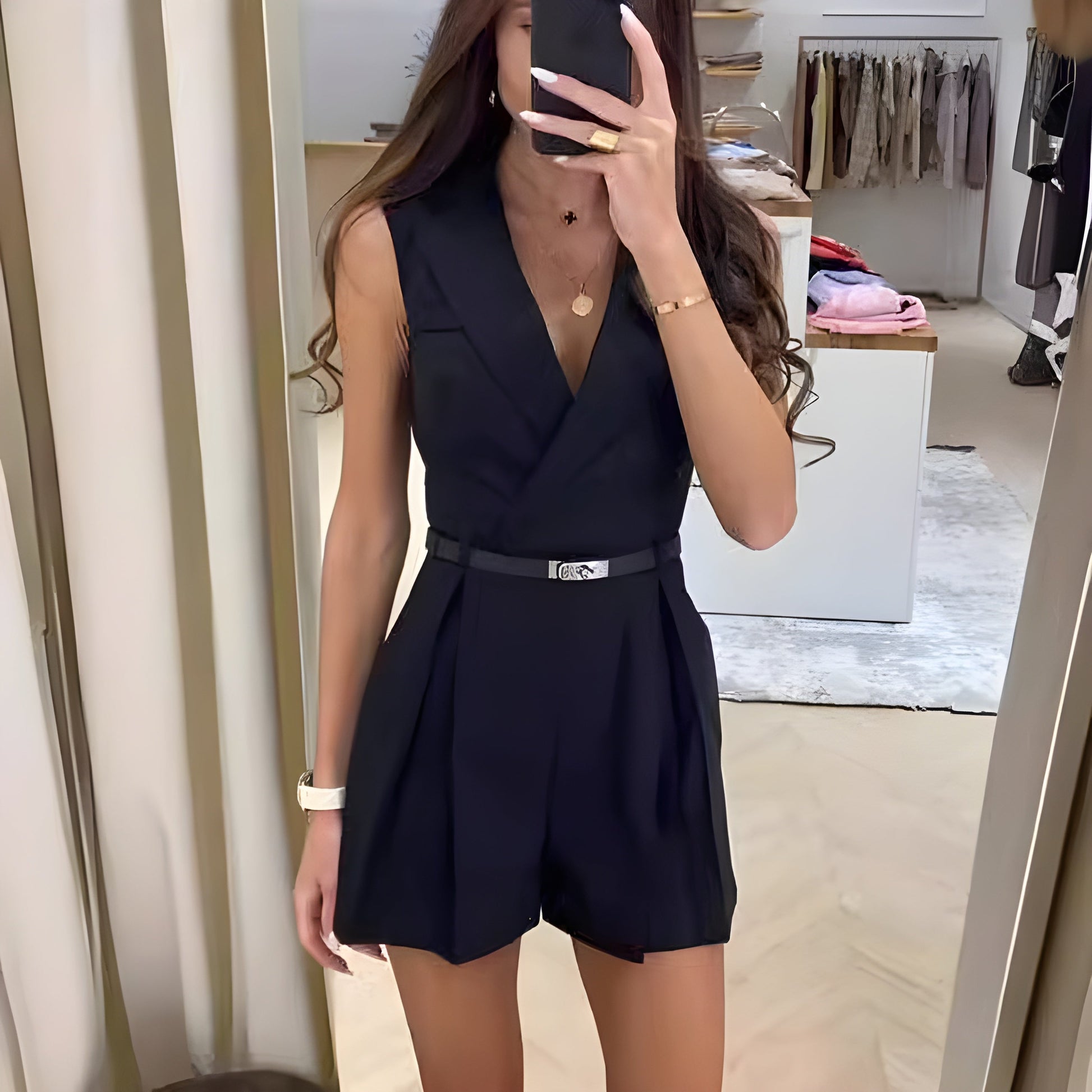 Elegant sleeveless V-neck jumpsuit for women in sophisticated style, perfect for wedding guests