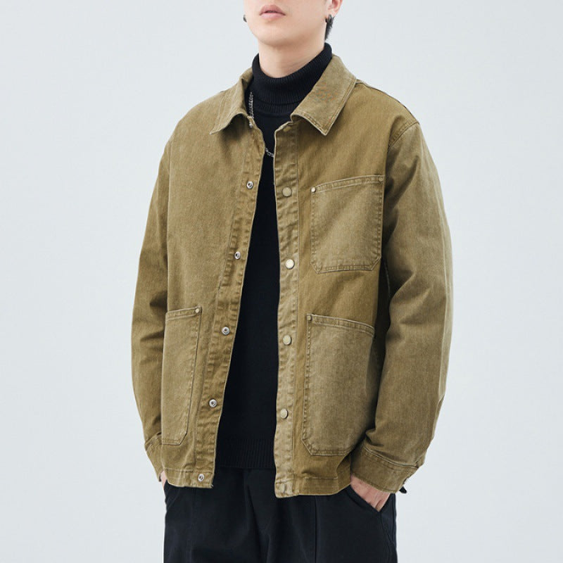 Vintage fade oversized boxy cotton jacket with patch pockets, metal hardware, and detachable down lining