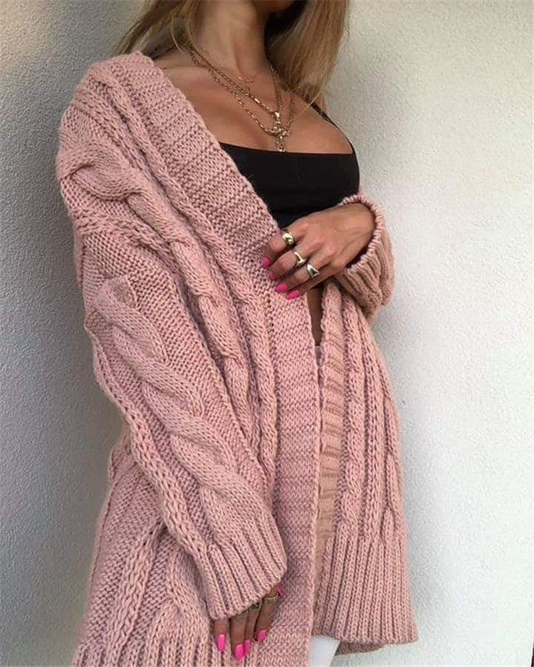 Women's oversized cable knit V-neck sweater wool blend long sleeves cozy winter style