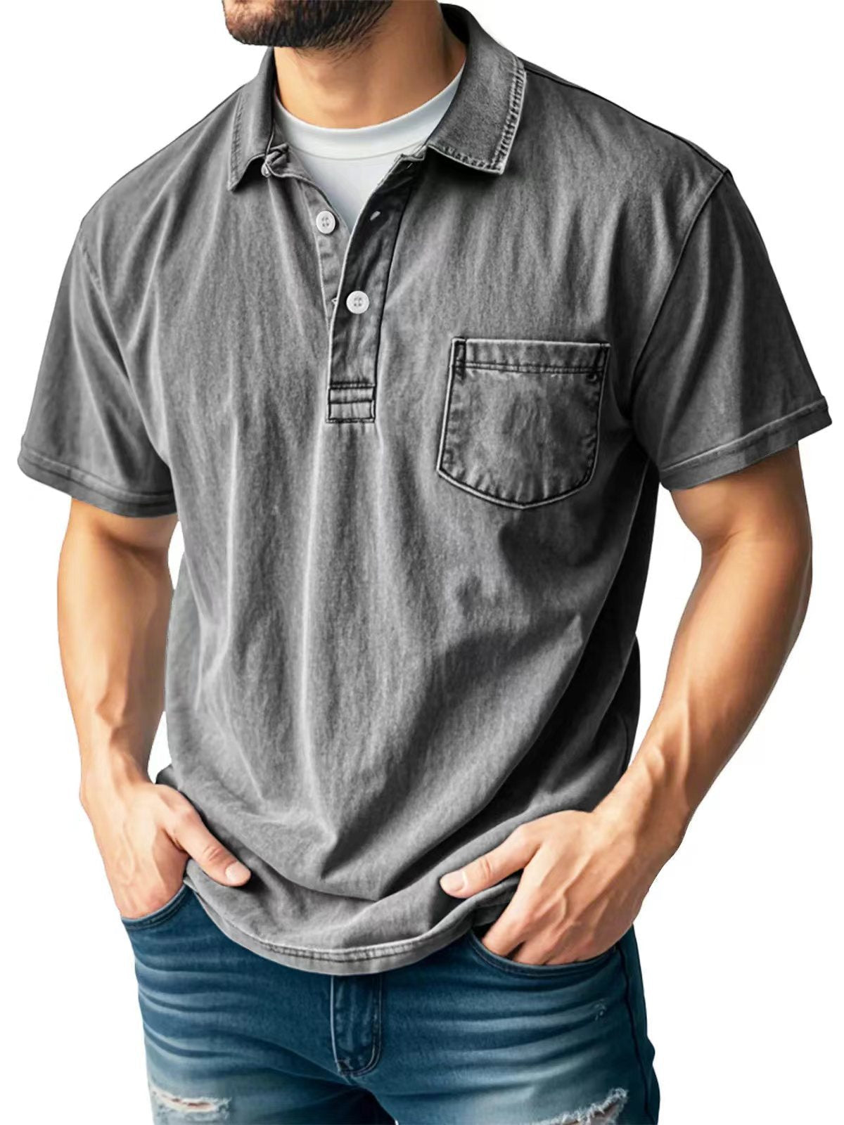 Men's green relaxed-fit polo shirt short sleeve breathable fabric with chest pocket casual summer top