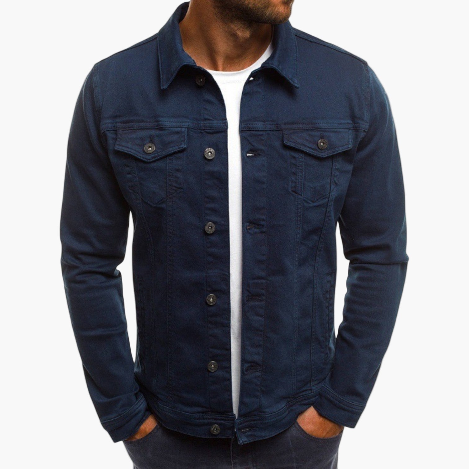 Men's slim fit blue denim jacket with workwear styling and patch chest pocket for office casual