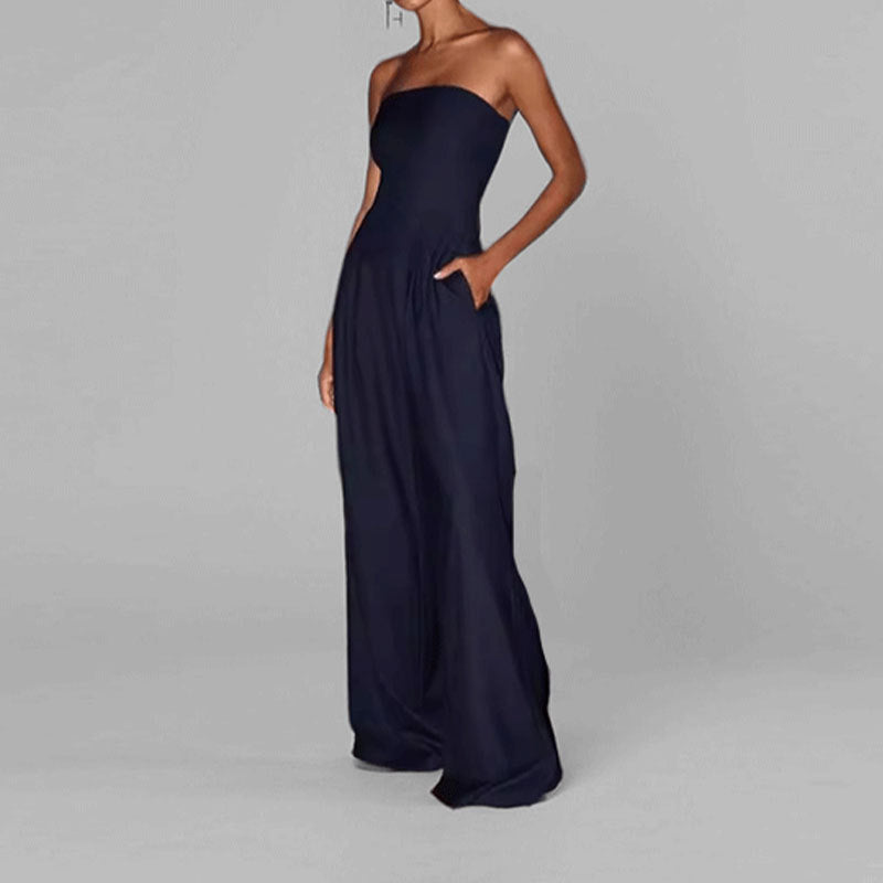 Women's strapless wide-leg formal jumpsuit in smooth sheen fabric with elongating silhouette