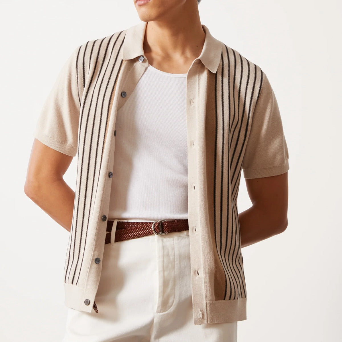 Men's relaxed knit polo shirt with vertical Nordic stripes, breathable 100% cotton casual fit