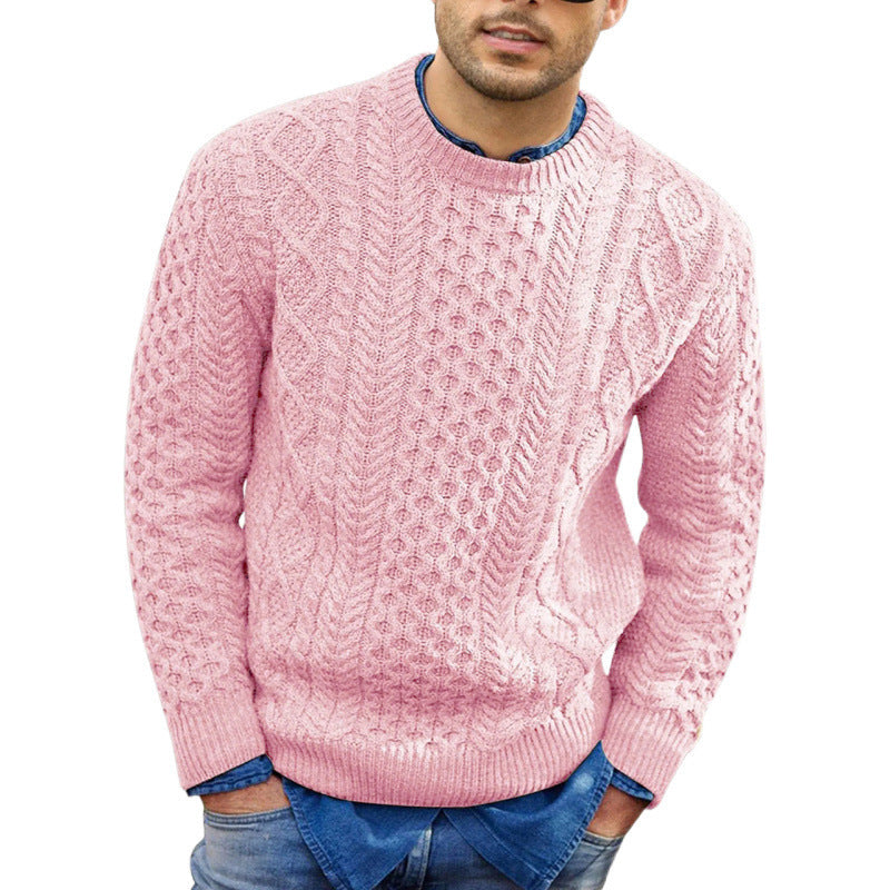 Men's cream cable knit crew neck sweater with ribbed cuffs, classic textured layering top