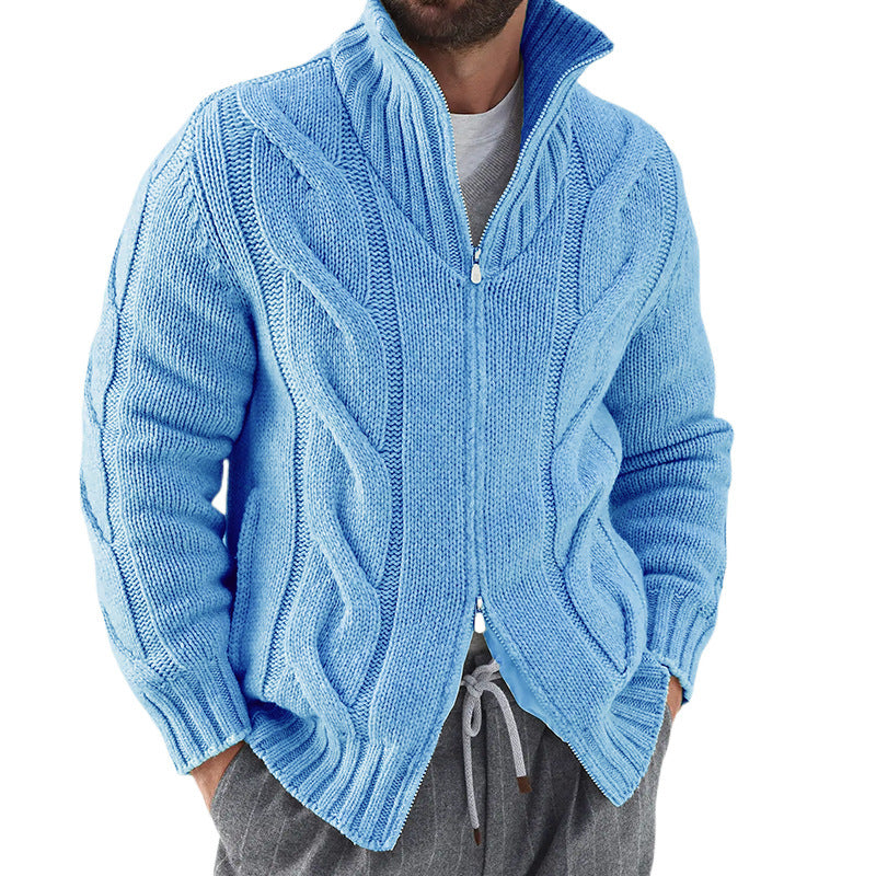 Men's grey wool blend cardigan with cable knit sleeves, zipper high neck, and relaxed fit
