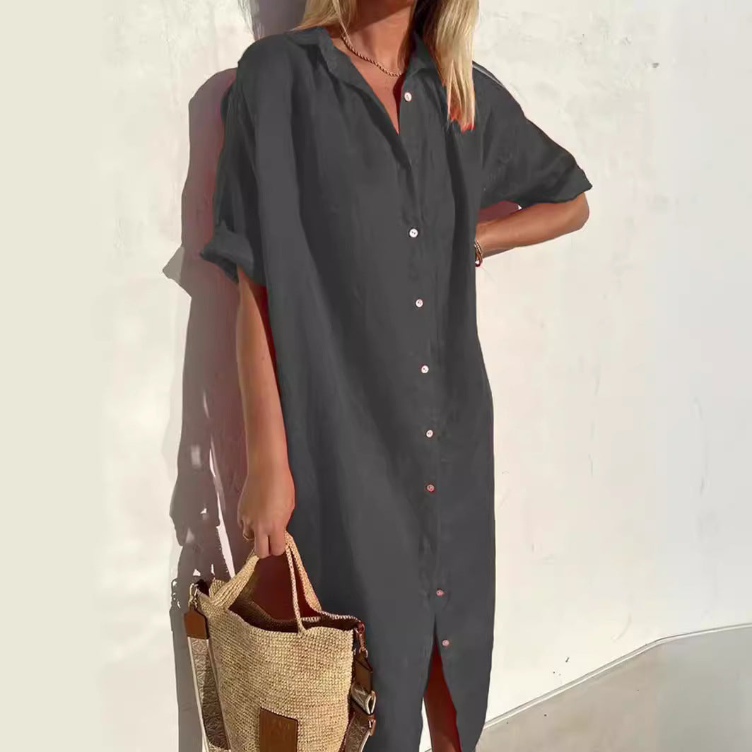Women's cotton-linen shirt dress relaxed fit short sleeve button-front breathable warm-weather style