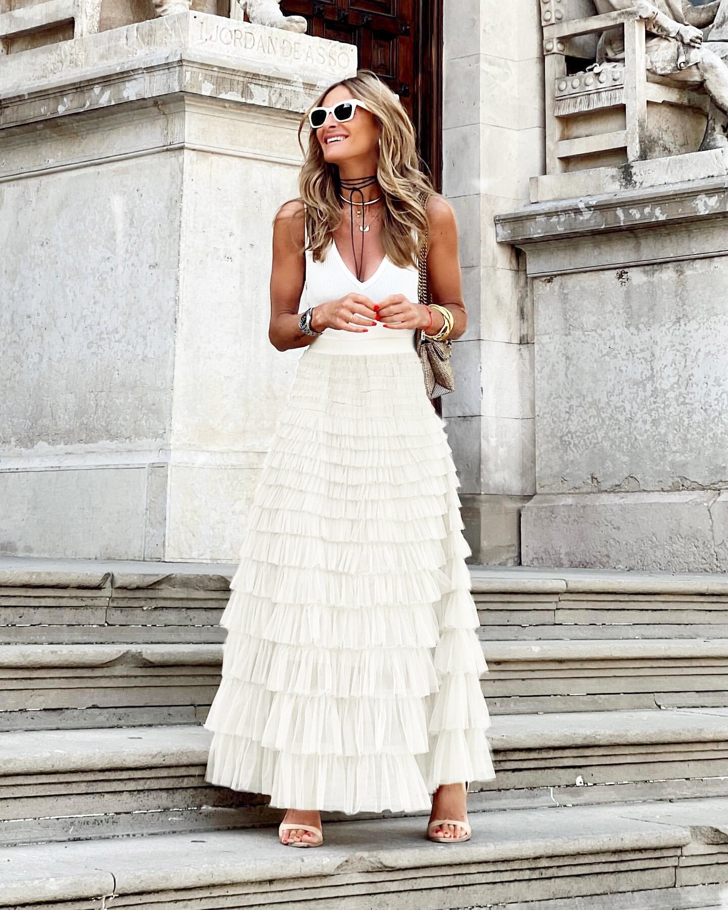 Women's black tulle A-line midi skirt with elegant multi-layer volume and flattering silhouette