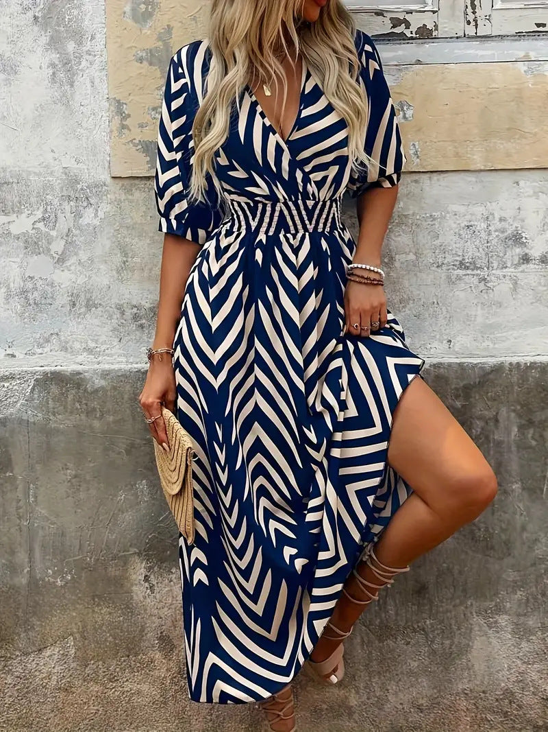 Women's midi A-line dress chevron pattern wrap V-neck belt waist puff sleeves figure-flattering silhouette