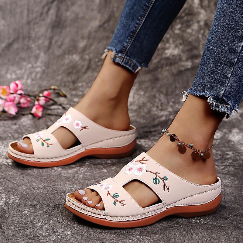 Women's beige orthopedic open-toe sandals with vintage floral embroidery and triple arch support