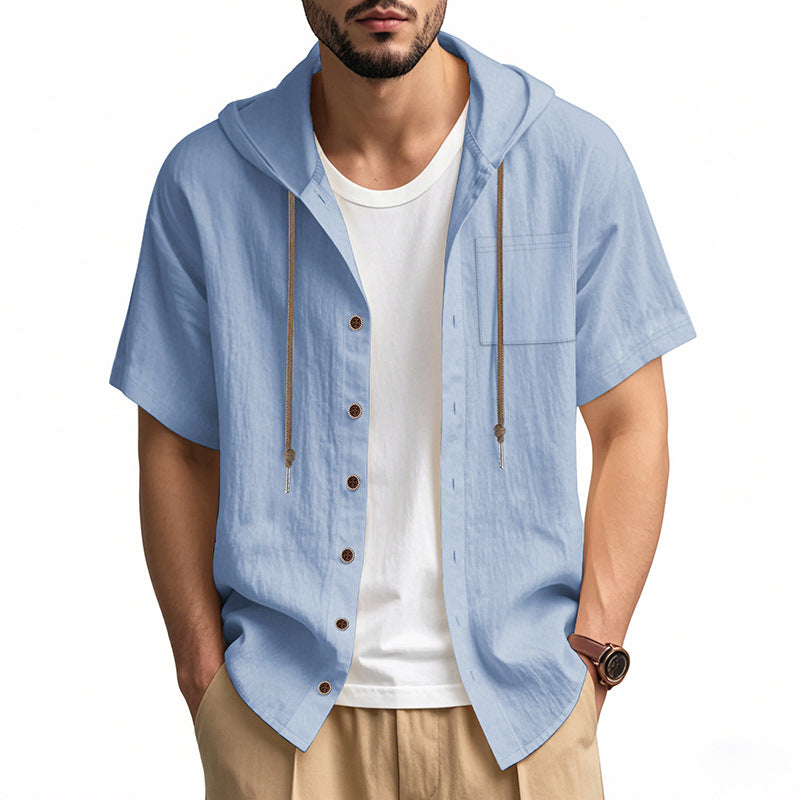 Men's linen-blend hoodie shirt short sleeves breathable relaxed fit casual summer top
