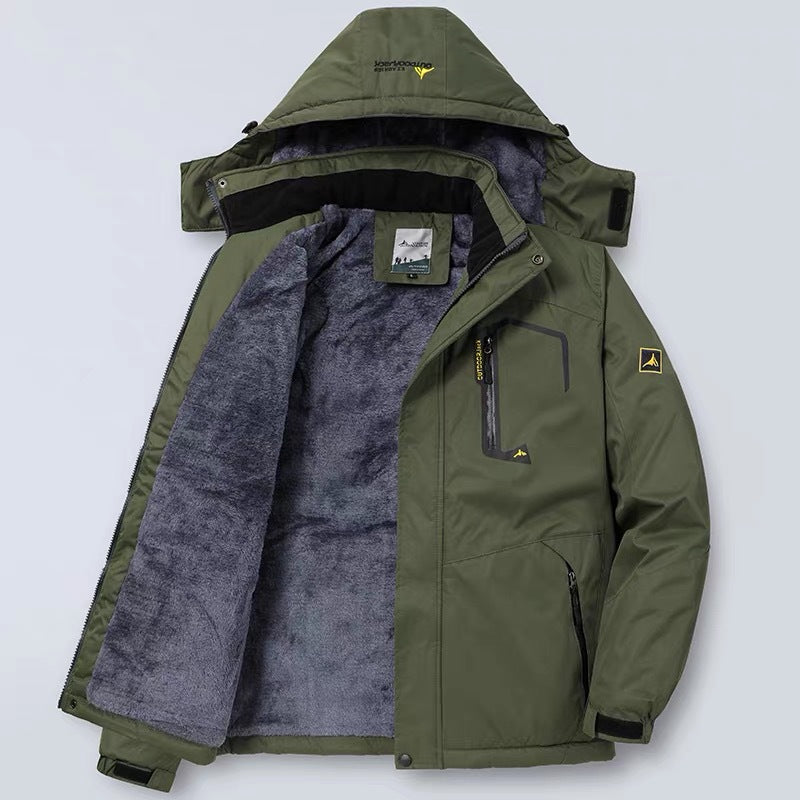 Men's navy waterproof hooded jacket regular fit wind-resistant shell with zip pockets for outdoor use
