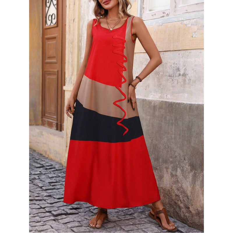 Women's geometric print maxi dress with deep V-neck, slim waist, ruffle cap sleeves, and side slit