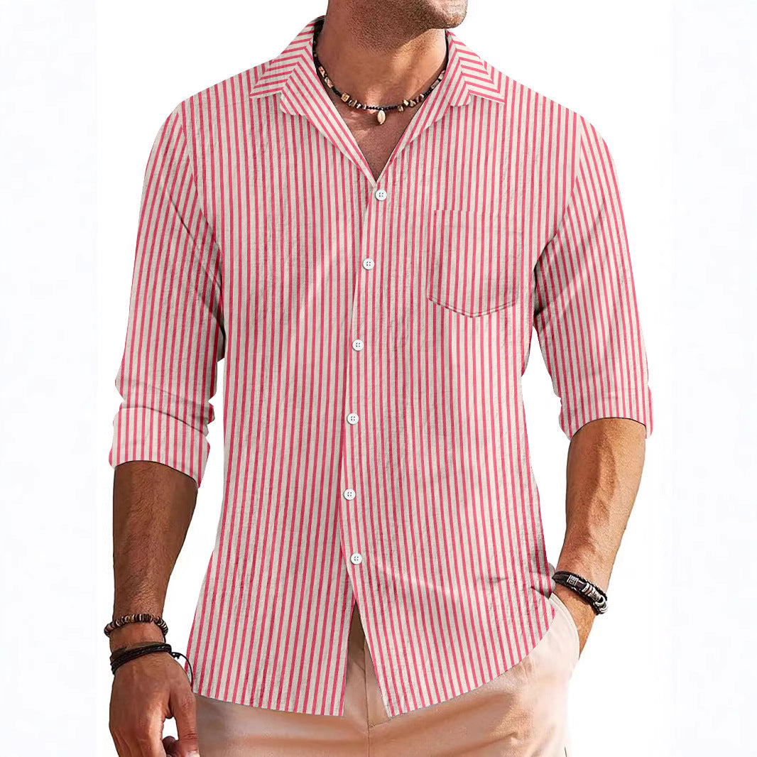 Men's regular fit long sleeve striped shirt with chest pocket in breathable fabric for smart casual