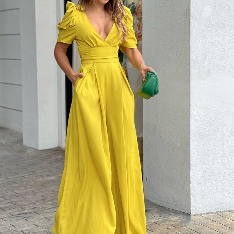 Women's wide-leg jumpsuit V-neck puff sleeves cinched waist with pockets elegant warm-weather style