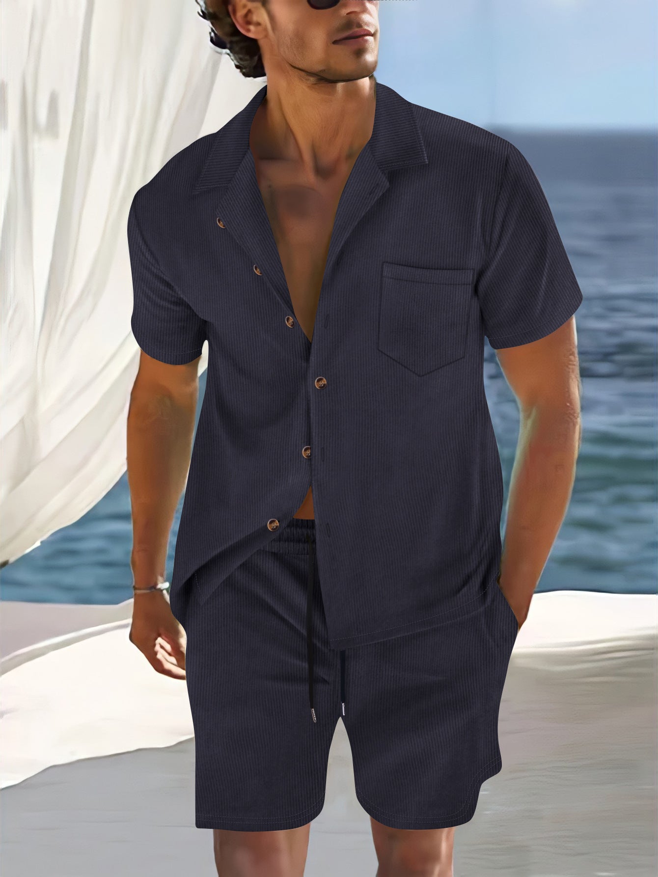 Men's relaxed fit vertical stripe shirt set lapel collar button front 2-piece summer outfit