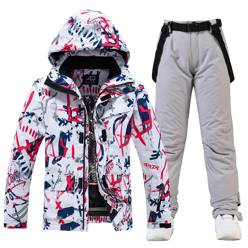 Men's two-piece ski suit set hooded jacket with suspenders water-resistant relaxed-fit winter gear