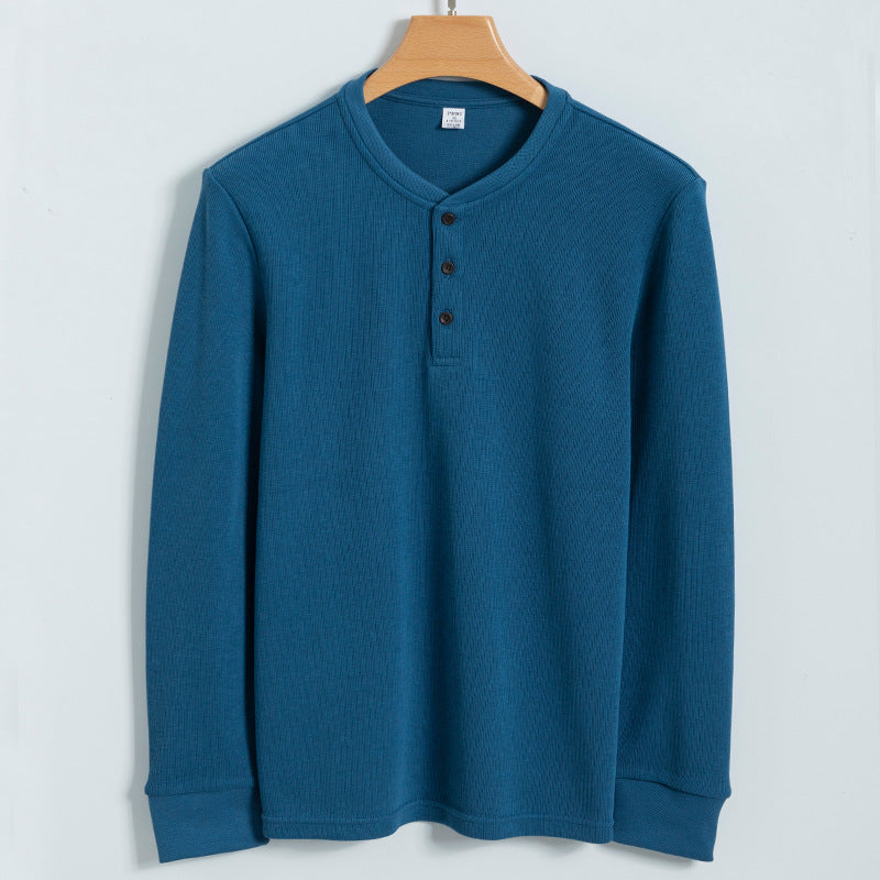Men's waffle knit henley sweater relaxed fit with three-button placket for versatile layering