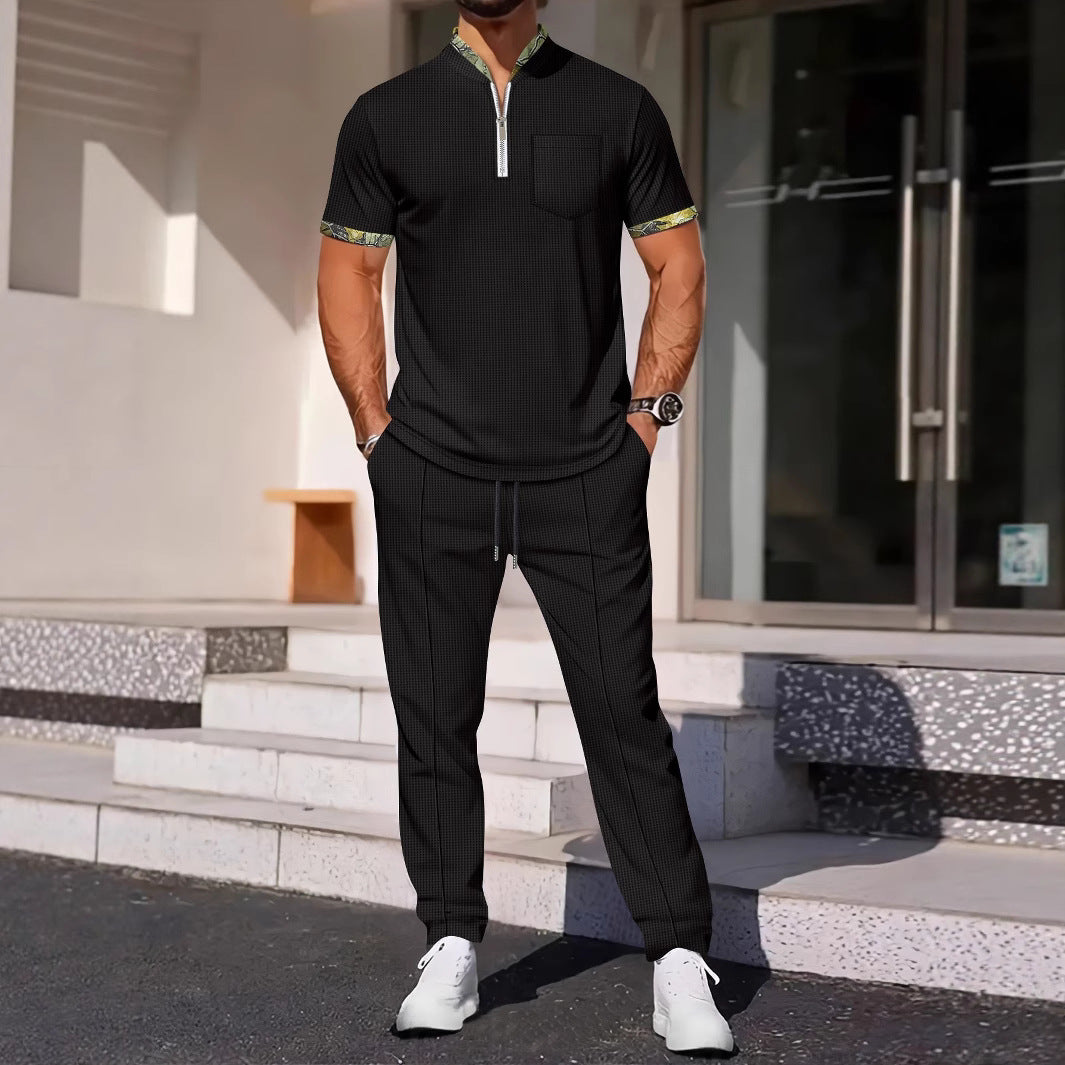 Men's slim fit two-piece set breathable fabric zipper neck chest pocket coordinated top and pants