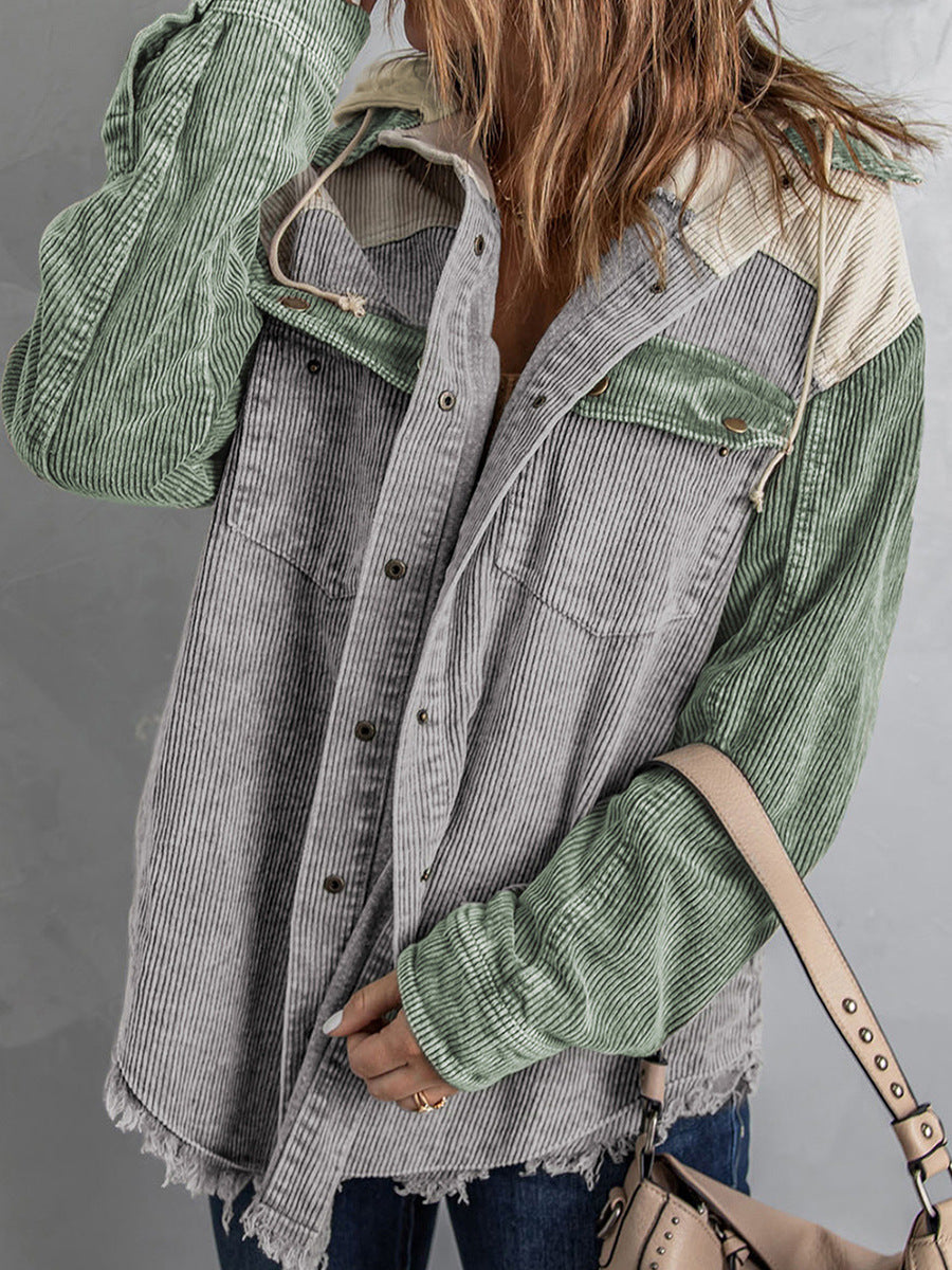 Women's oversized corduroy hooded jacket with fringed edges and button closure, chic casual fit