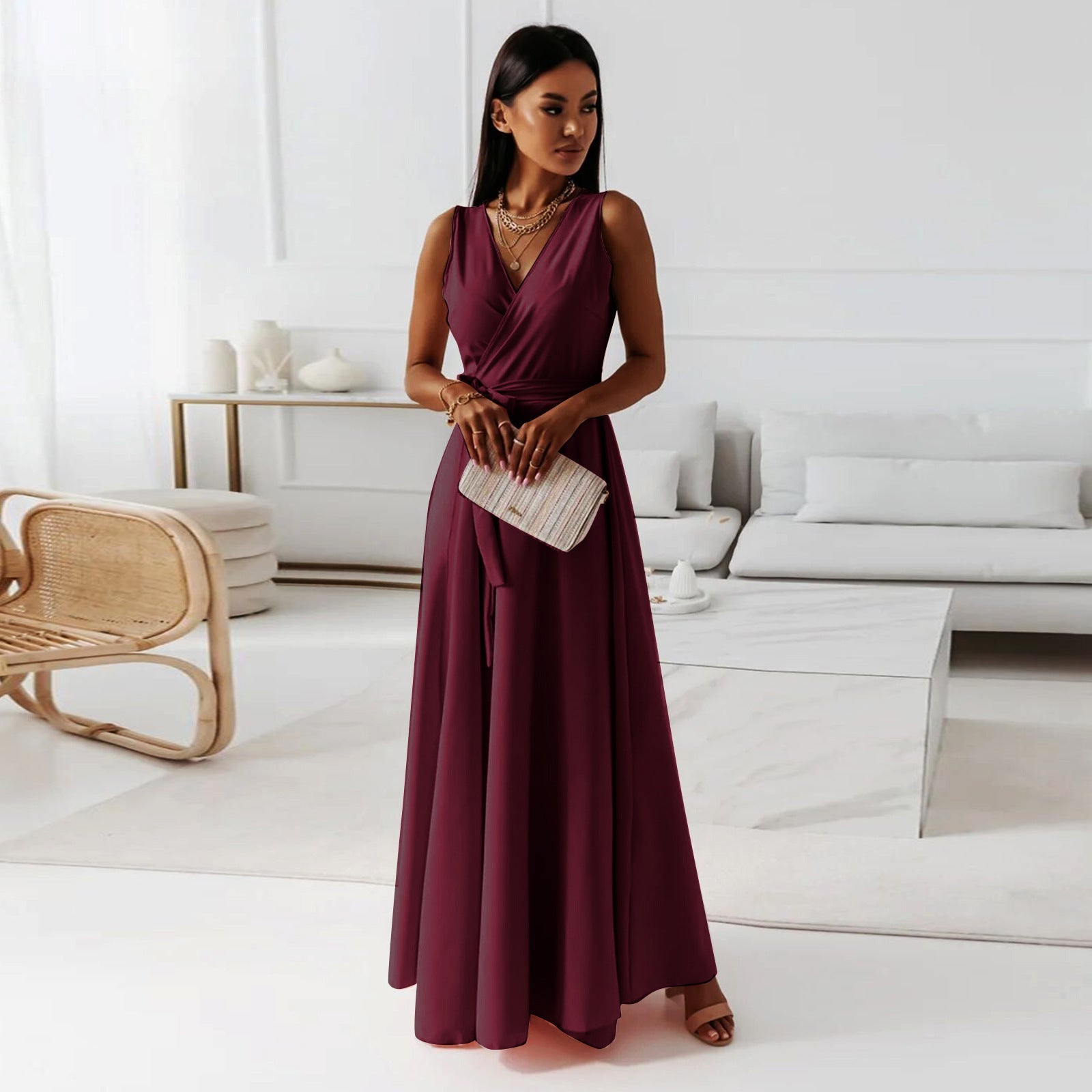 Gretchen elegant women's V-neck long flowy dress in classic hue for formal party events
